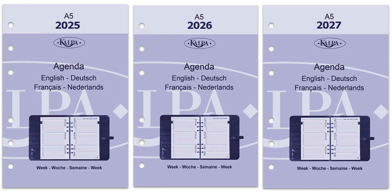 6406-25-26-27 210 x 144 mm A5 Binder nachfüllt wöchentlich EN DE FR NL (etwas Rost auf dem Ringbinder!) + Speicherordner 2025 2026 2027