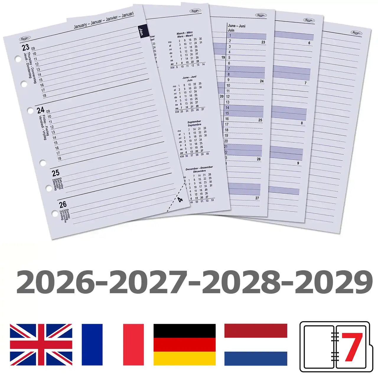 6206-26-27-28-29 210 x 144 mm A5 Recargas del diario semanal de fr nl 2026 2027 2028 2029