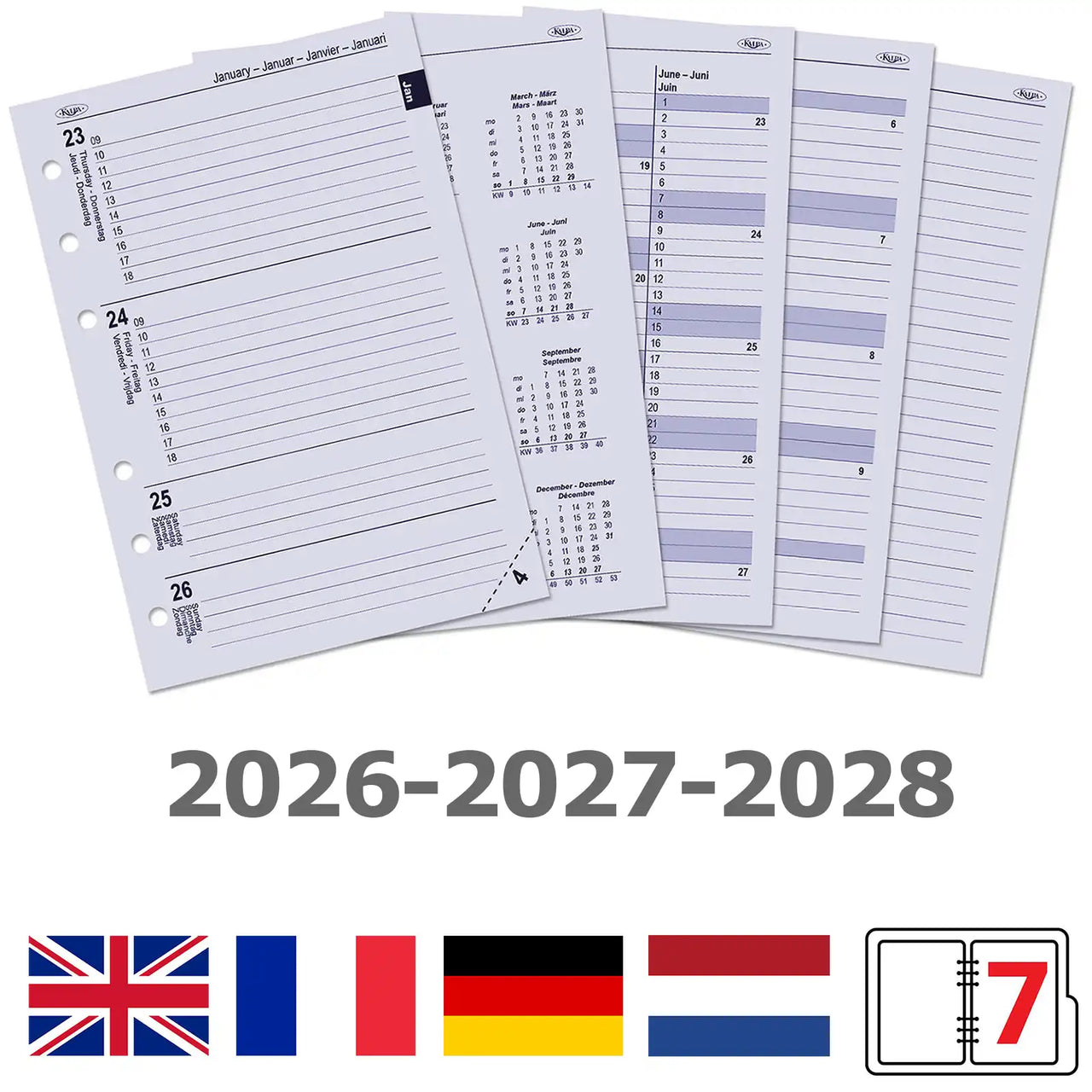 6206-26-27-28 210 x 144 mm A5 Recargas del diario semanal de fr nl 2026 2027 2028