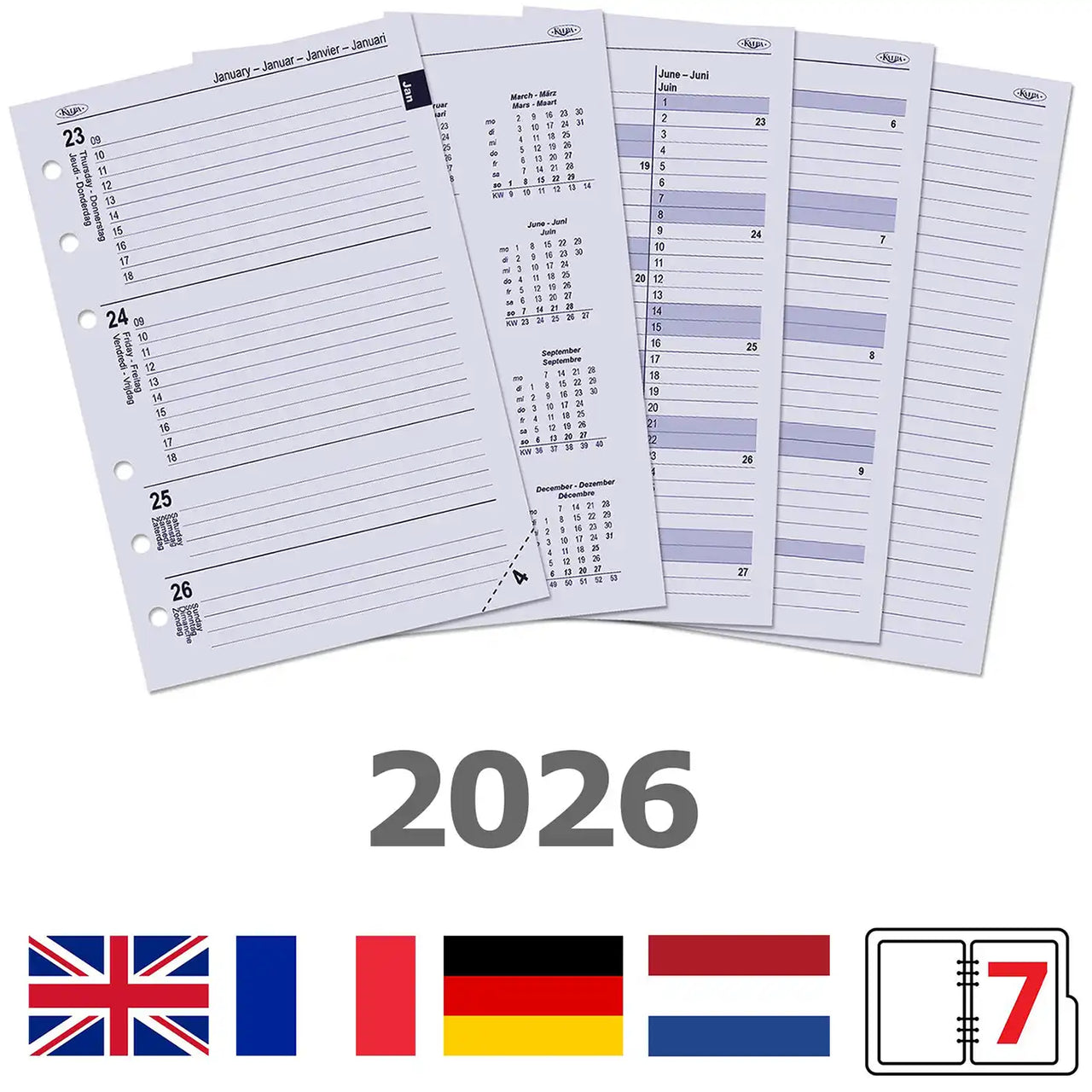 A5 Weekly Agenda Refill 2026 EN FR DE NL with multilingual layout and 6 ring holes