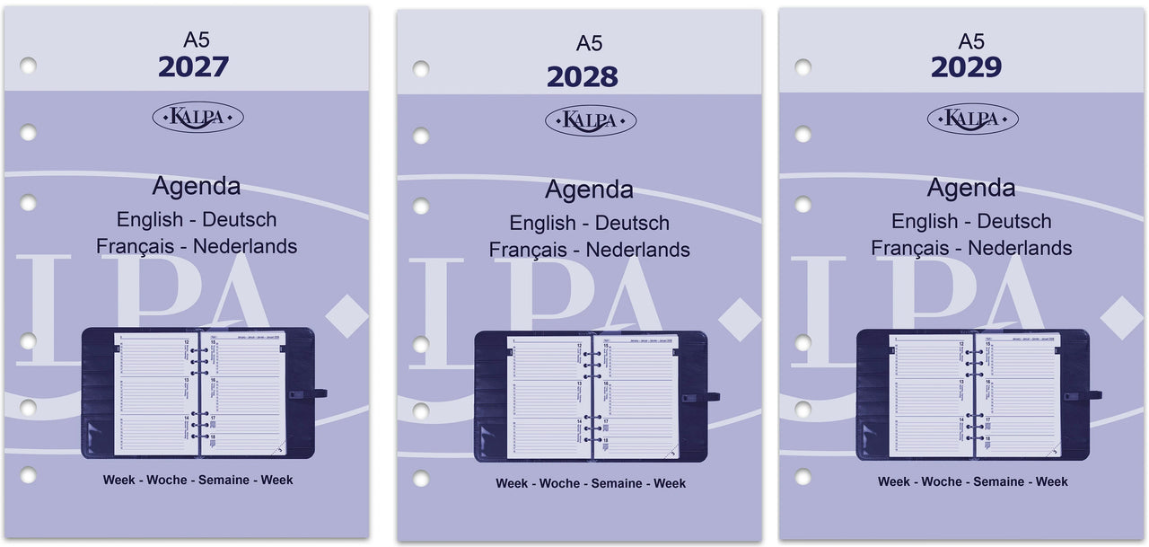 6306-27-28-29 210 x 144 mm A5 6 Ring Diary Refills Weekly with extras EN DE FR NL 2027 2028 2029