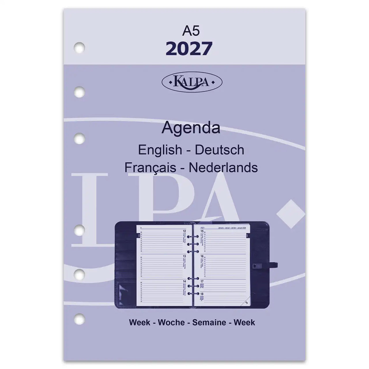 6406-27 210 x 144 mm A5 6 Ringplanner Vulling Week EN DE FR NL (een beetje roest op de ringband!) + opbergmap 2027