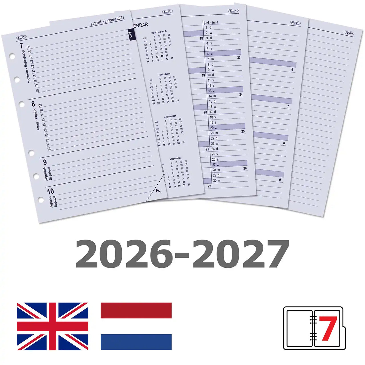 Kalpa A5 diary inserts 2026–2027 EN NL with weekly layout