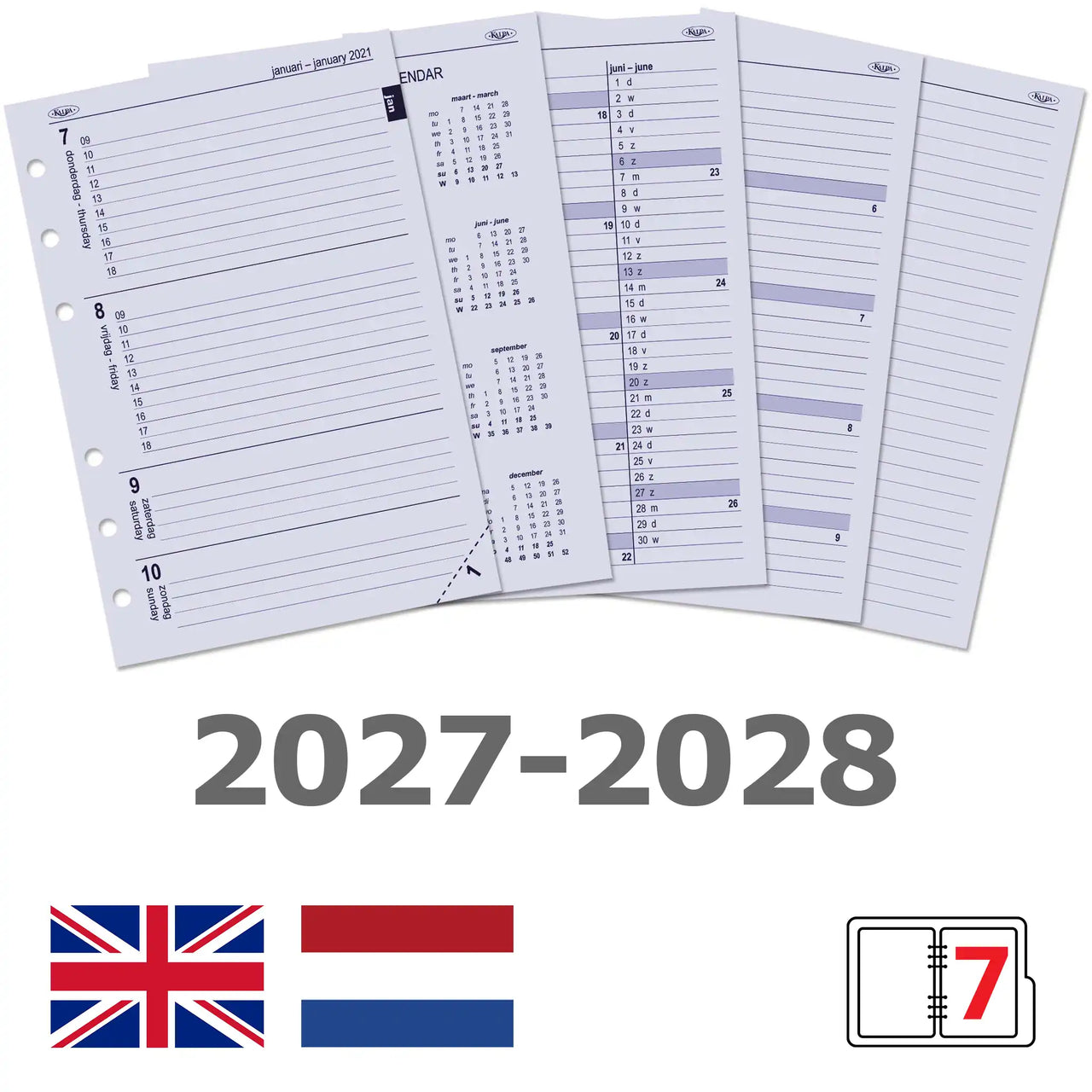 6207-27-28 A5 210 x 144 mm Recharge Agenda 2026 et 2026 Semaine par 2 pages Néerlandais Anglais