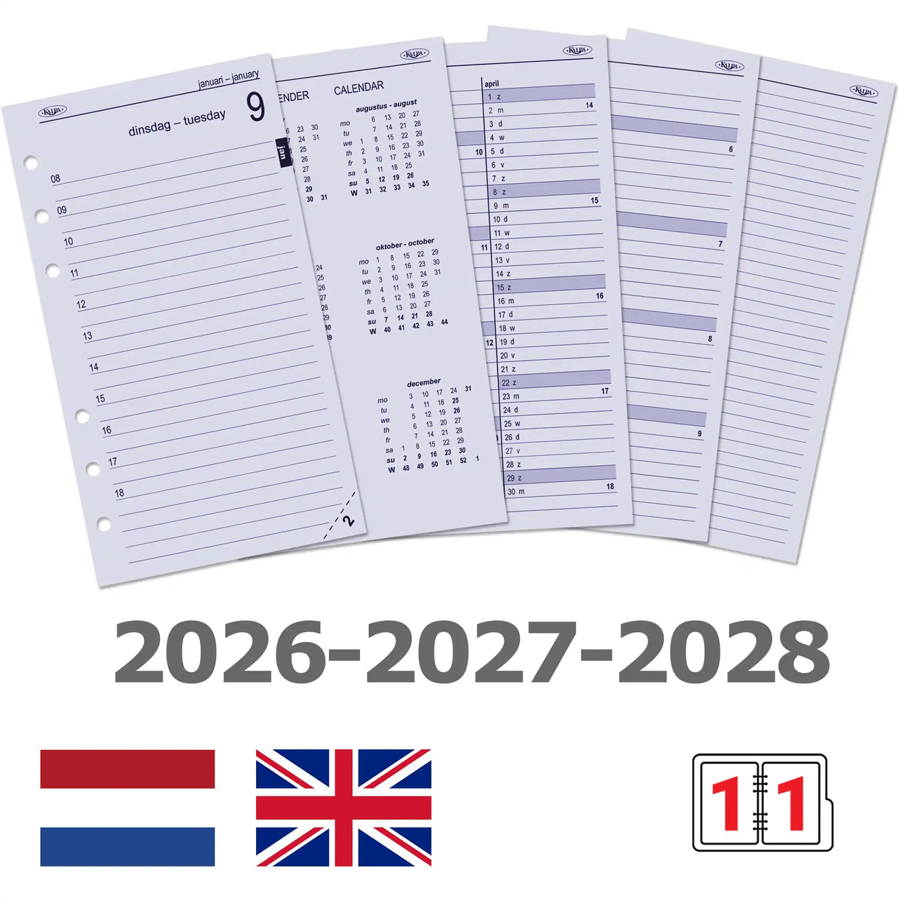 6311-26-27-28 170 x 95 mm Personal Planificador de agenda recargas diarias Completas SET EN NL 2026 2027 2028