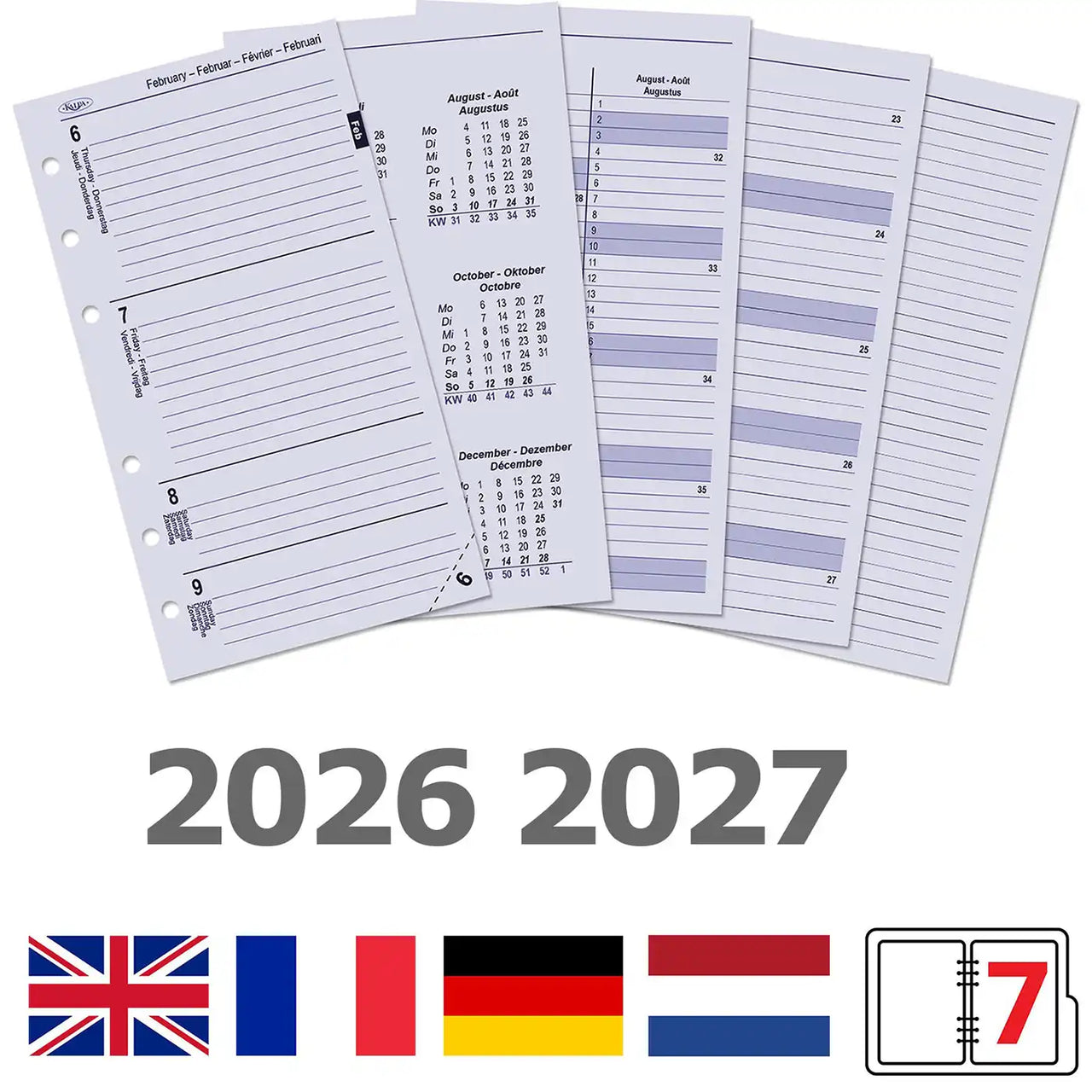 Kalpa A5 Agenda Refills Weekly 2026 2027 EN FR DE NL with multilingual layout and 6 ring holes