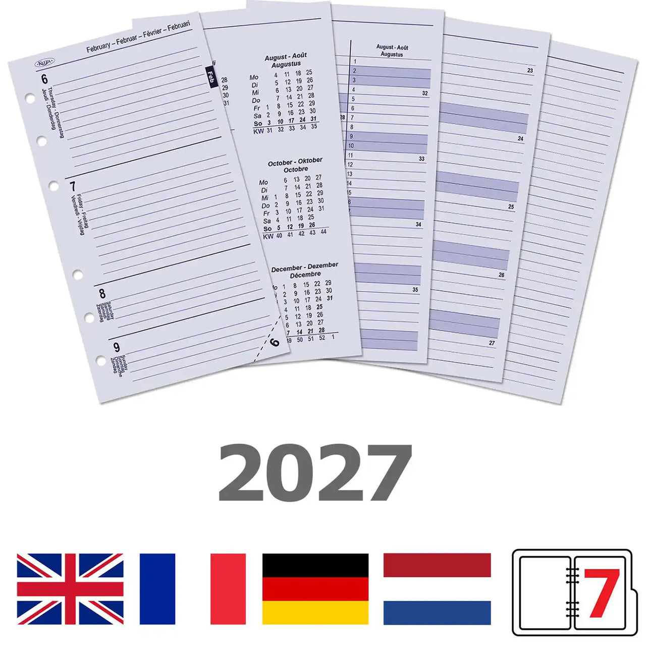 Kalender pagina's voor 2027 met meerdere talen en landvlaggen weergegeven.
