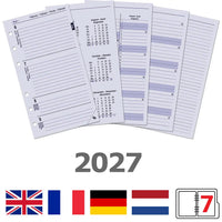 Kalender pagina's voor 2027 met meerdere talen en landvlaggen weergegeven.
