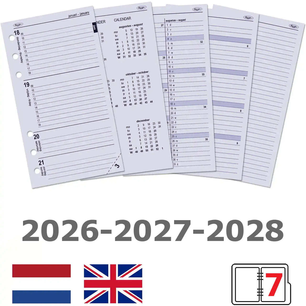 6217-26-27-28 170 x 95 mm Personal Agenda Organizer Refills Weekly NL EN  2026 2027 2028
