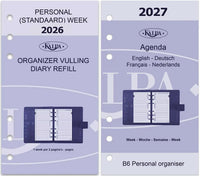 Personal planner refills in A5 and B6 sizes for 2026–2027, available in EN, DE, FR, and NL
