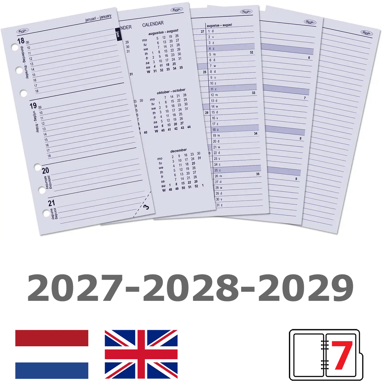 6217-27-28-29 170 x 95 mm Personal Agendabinder Vulling Week NL EN 2027 2028 2029