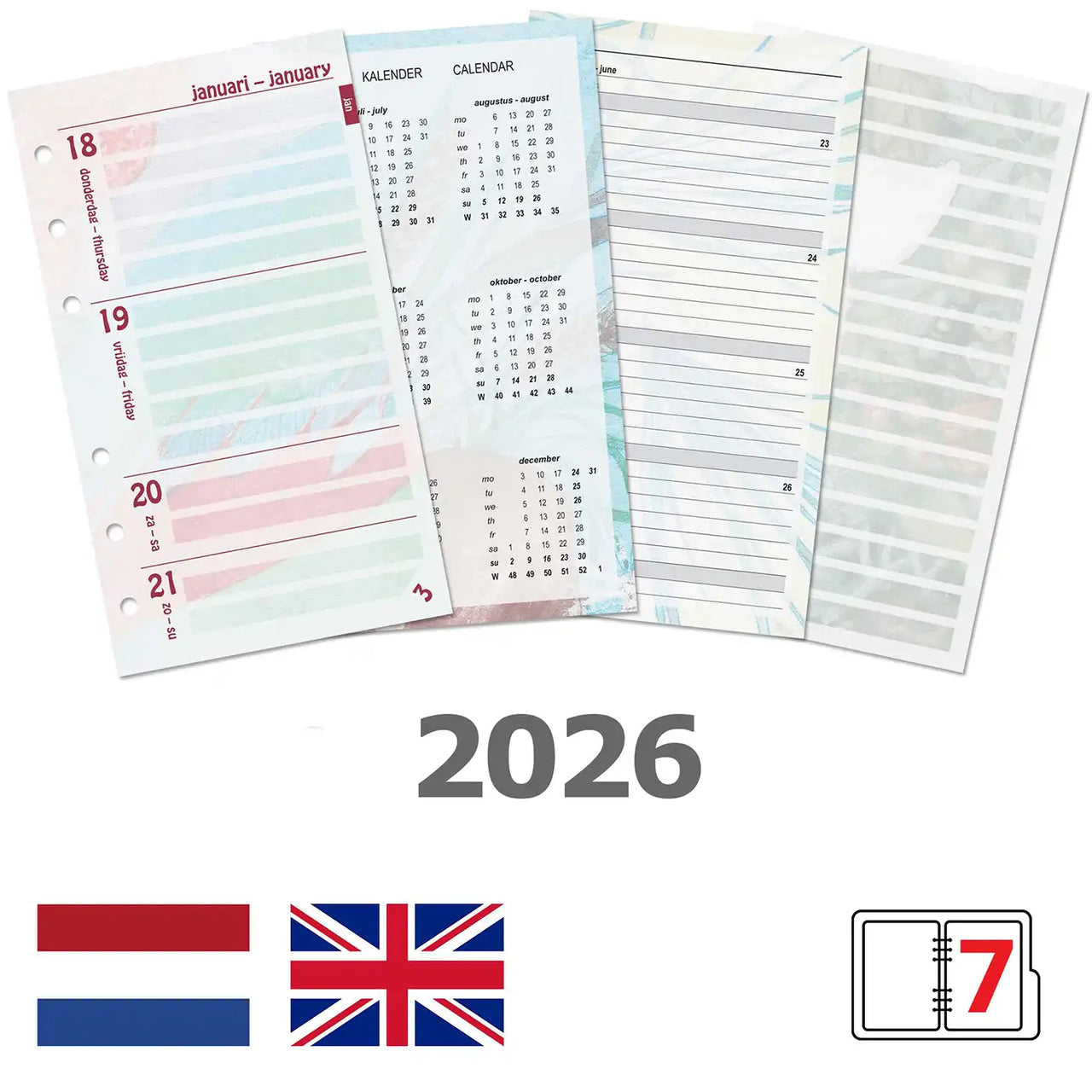 Kalpa A5 6 Ring Agenda Planner Inserts Weekly 2026 NL EN with calendar and note pages