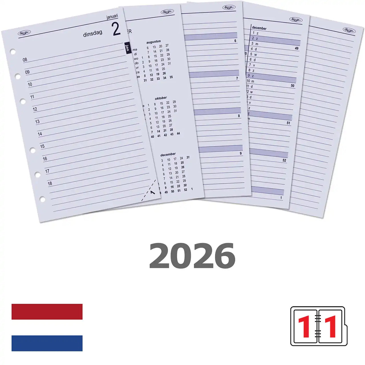 A5 6 Ring Daily Agenda Inserts 2026 NL with full-page layout, calendar overview, and hourly time slots