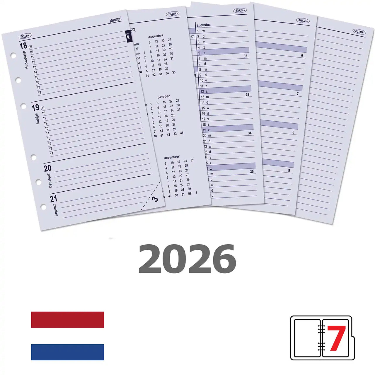 Weekly Agenda Planner Inserts 2026 NL with 6 ring holes and 1 week across 2 pages including calendar