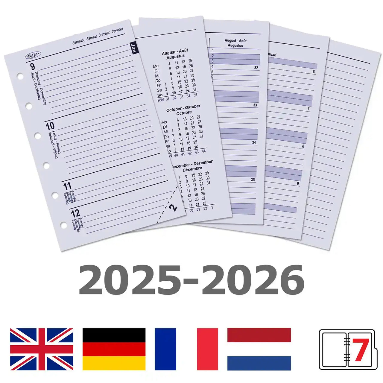 6336-25-26 125 x 80 mm Pocket 6 Ring Planner Refills Weekly Complete Set EN FR DE NL  2025 2026