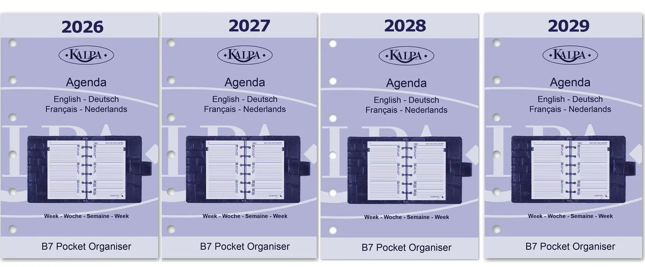 6336-26-27-28-29 125 x 80 mm Pocket 6 Ring -Agenda -Einsätze vollständiger Satz EN FR DE NL 2026 2027 2028 2029