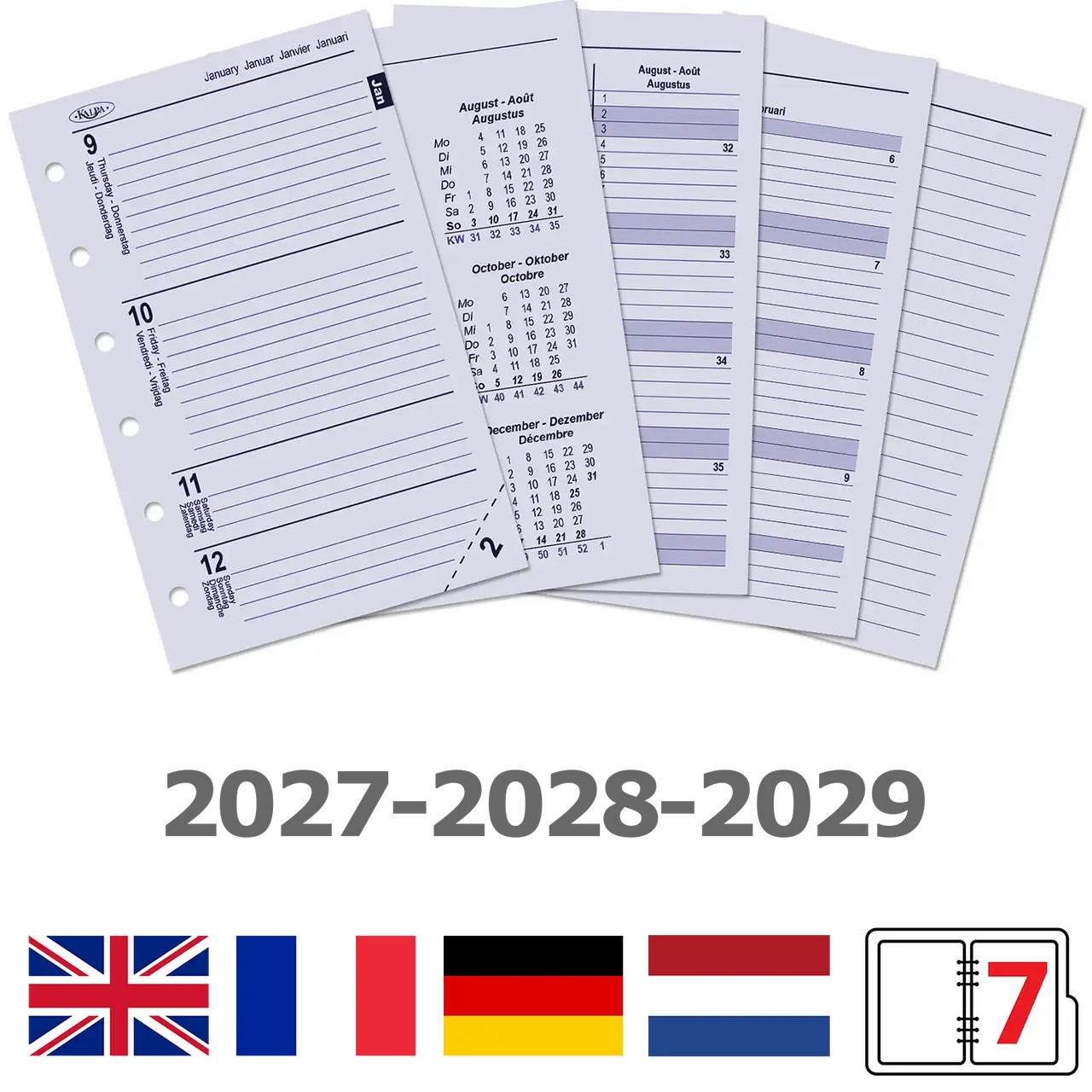 6236-27-28-29 125 x 80 mm Pocket 6 Ring Binder Inserts Weekly EN DE FR NL  2027 2028 2029