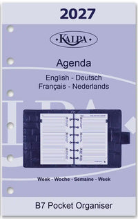 Kalpa 2027 pocket organizer met Engelse, Duitse, Franse en Nederlandse tekst op een witte achtergrond