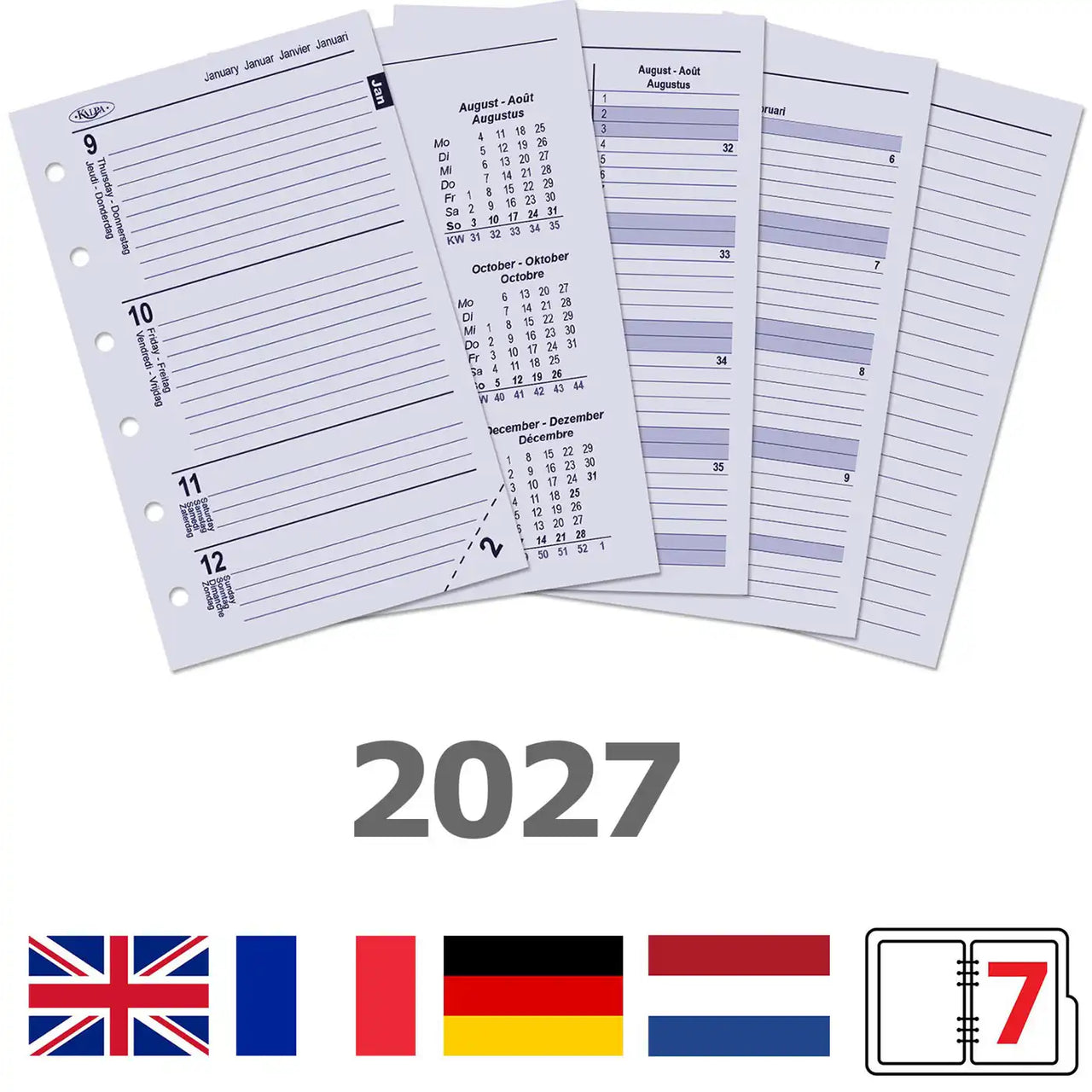 Set van planners pagina's met kalender indeling voor het jaar 2027, met meerdere talen.