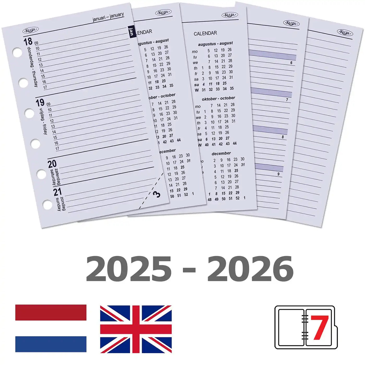6237-25-26 125 x 80 mm Pocket 6 Ring Agenda Planner Inserts Weekly NL EN 2025 2026