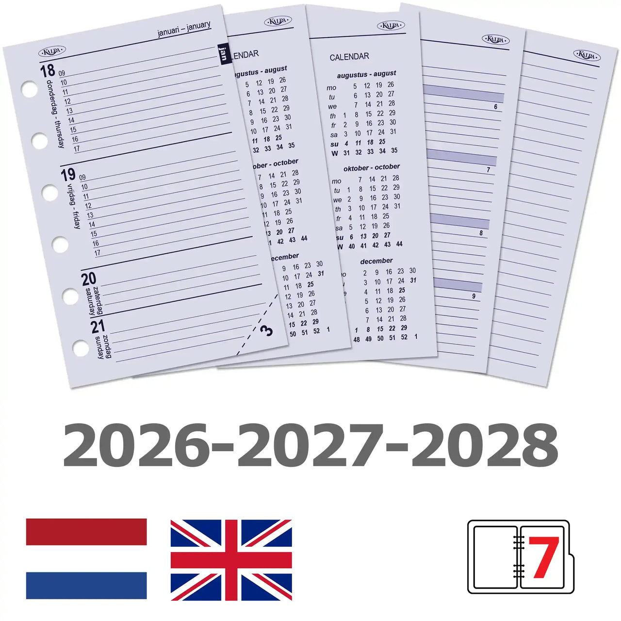 6237-26-27-28 125 x 80 mm Pocket Agenda Nachfüllpapier wöchentlich NL EN  2026 2027 2028