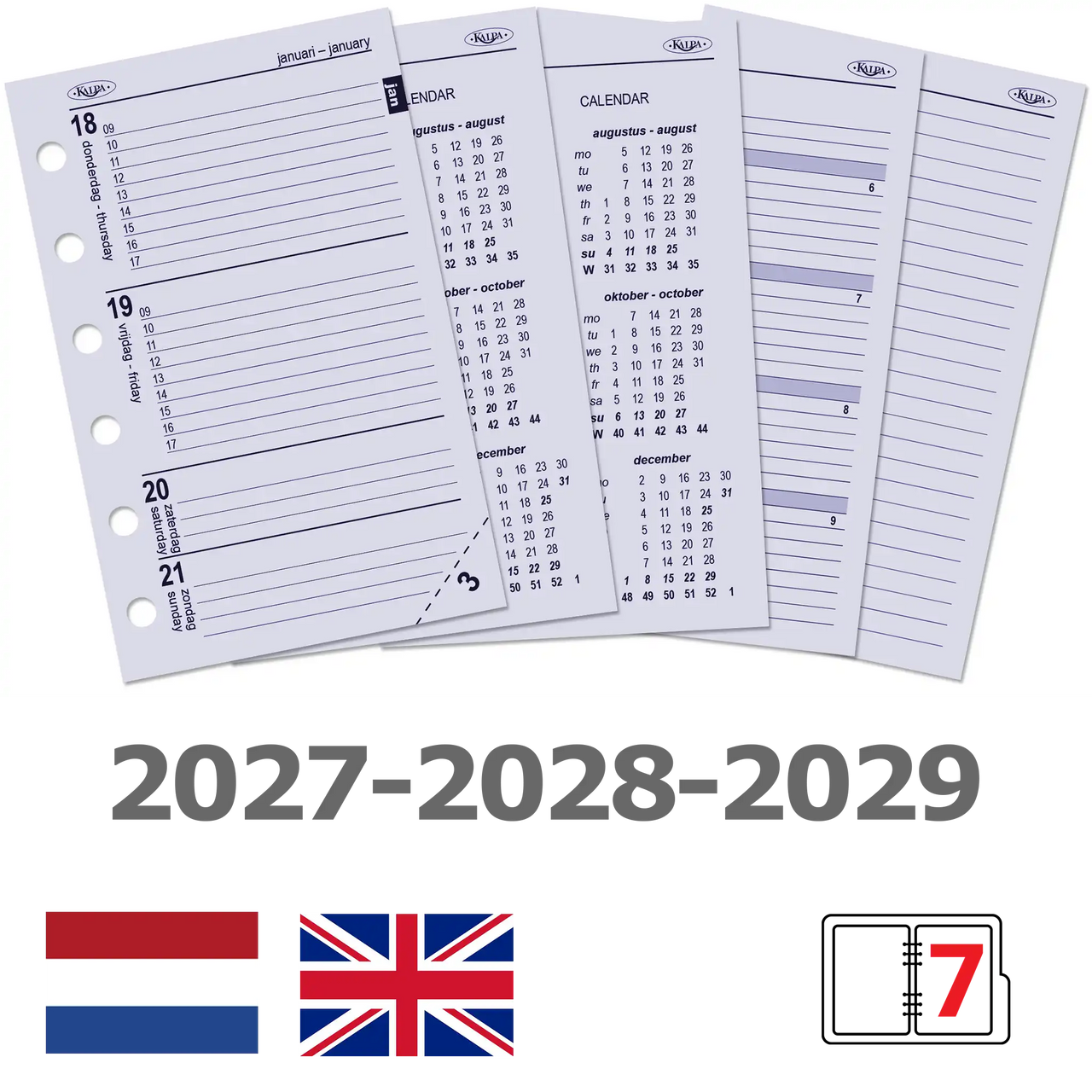 6337-27-28-29 125 x 80 mm Pocket Planner Vulling Week met extra's NL EN 2027 2028 2029