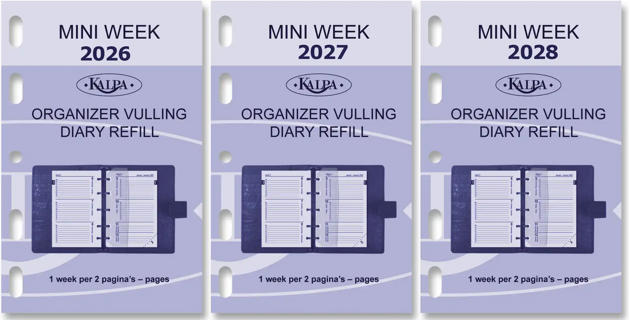 Three Kupa organizer vulling diary refills for different years displayed side by side.