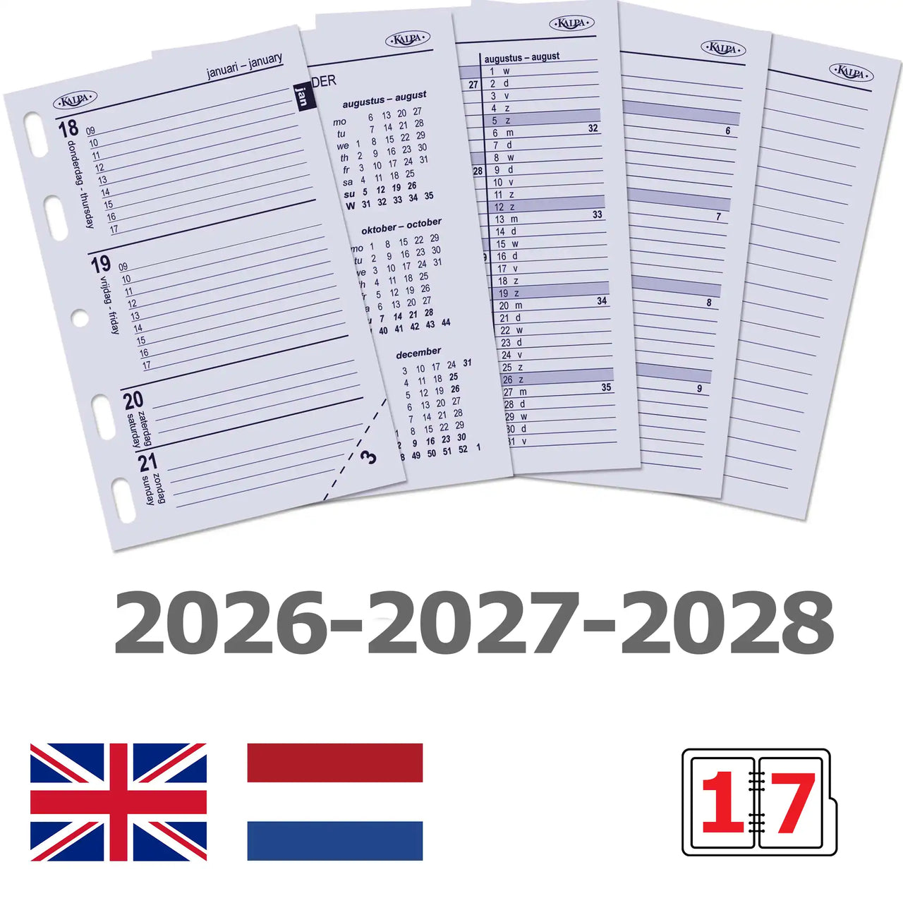 6247-26-27-28 104 x 68 mm Mini Agenda Organizer Refills Week NL EN 2026 2027 2028