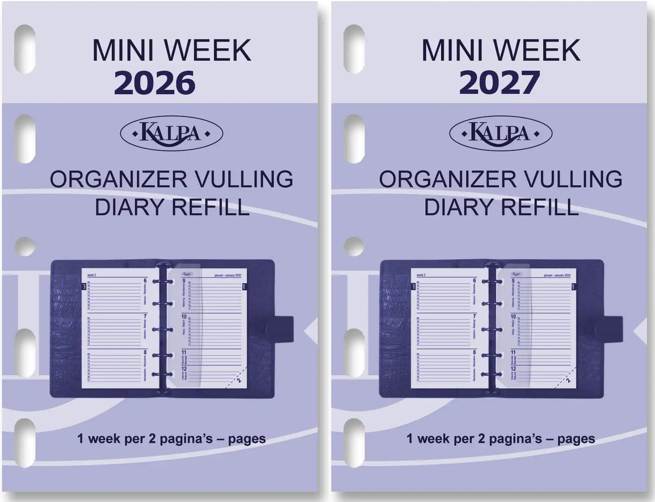 Two Kalpa organizer vulling diary refills for 2026 and 2027 on a light purple background.