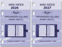 Two Kalpa organizer vulling diary refills for 2026 and 2027 on a light purple background.