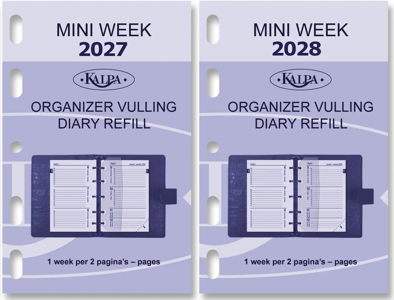 Two Kalpa organizer vulling diary refills for 2027 and 2028 on a light purple background.