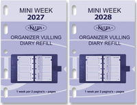 Two Kalpa organizer vulling diary refills for 2027 and 2028 on a light purple background.