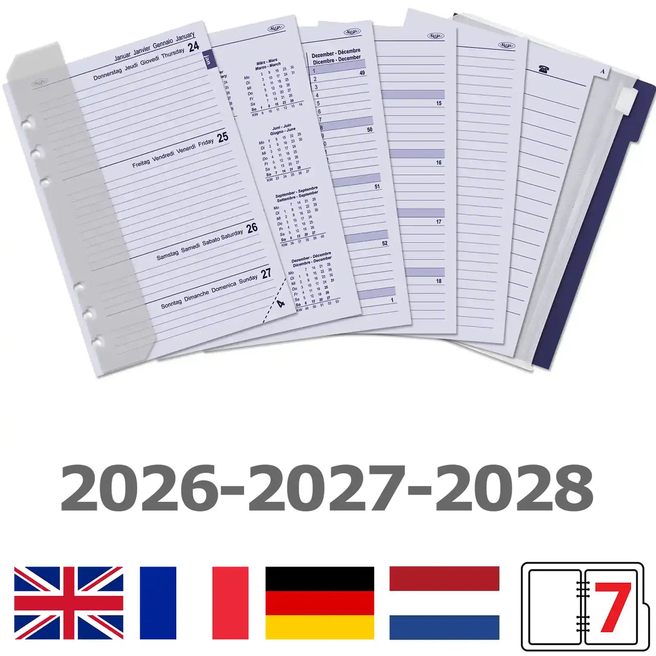 6301-26-27-28 210 x 144 mm A5 Planner Refills 1 day per page complete 2025 2026 2027 NL EN