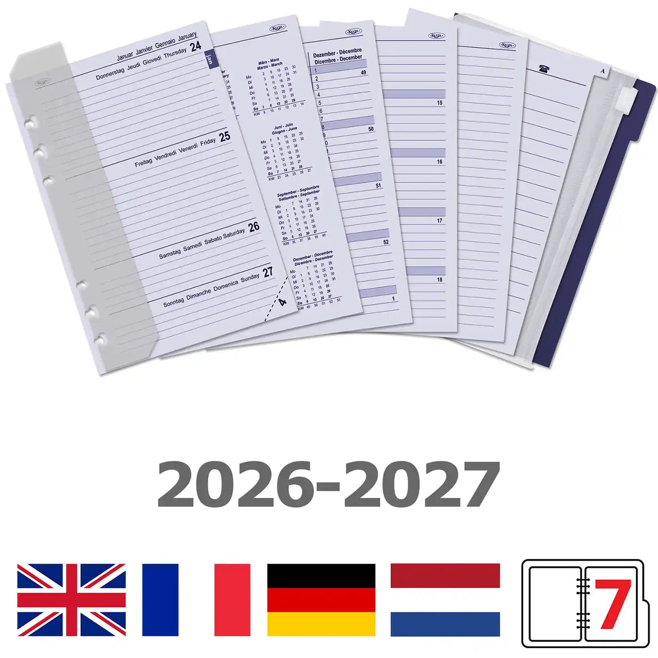 Kalpa A5 weekly diary refill for 2026–2027 with multilingual layout in English, French, German, and Dutch
