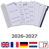 Kalpa A5 weekly diary refill for 2026–2027 with multilingual layout in English, French, German, and Dutch