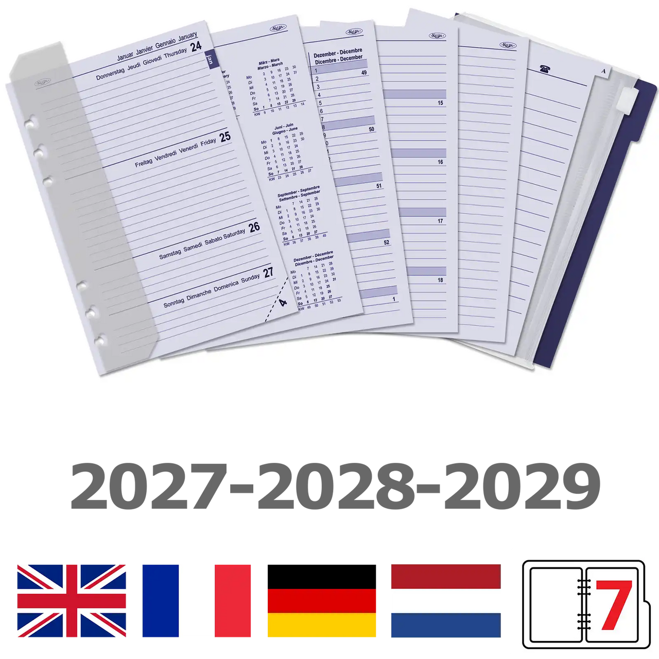 6306-27-28-29 210 x 144 mm A5 6 Ring Diary Refills Weekly with extras EN DE FR NL 2027 2028 2029