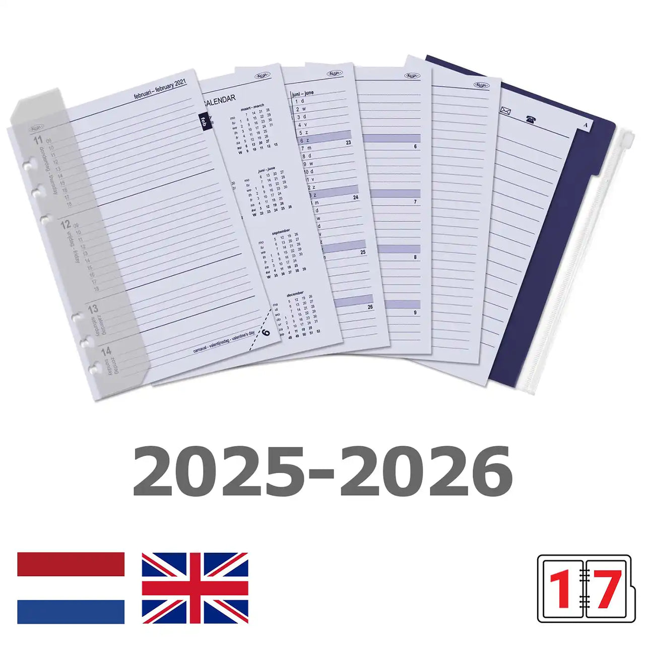 6317-25-26 170 x 95 mm Persoonlijke planner Organisator Vullingen Wekelijks complete set NL EN 2025 2026