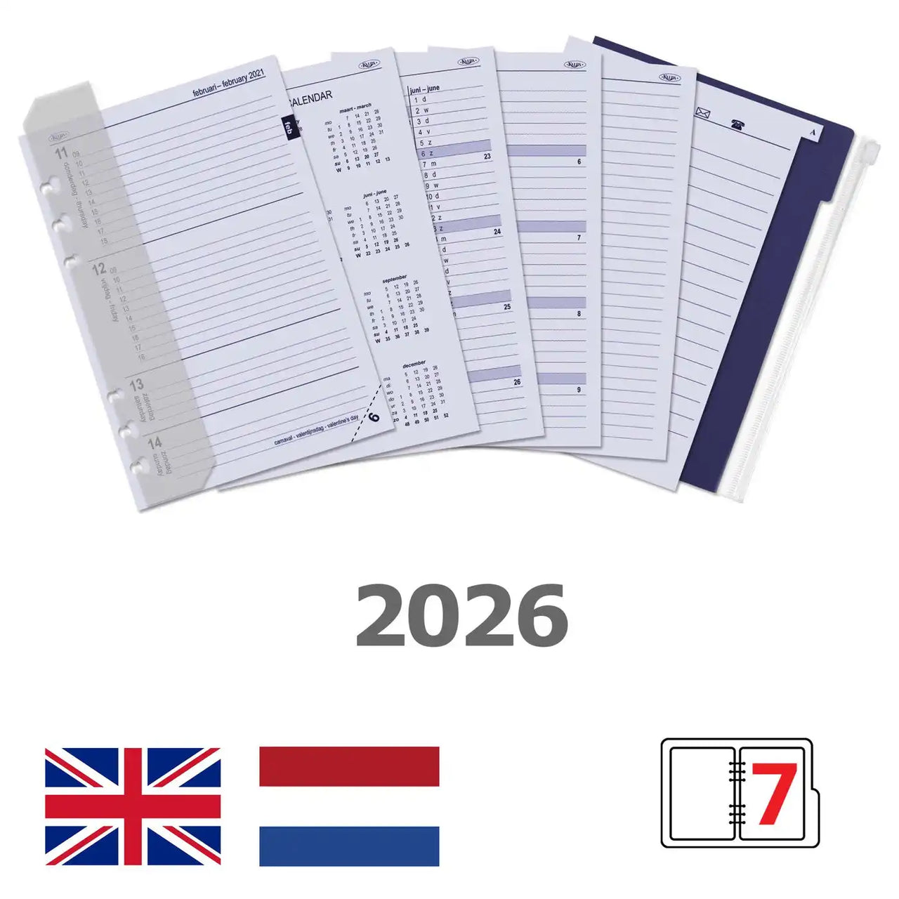 A5 2026 diary refill pages in English and Dutch with weekly layout and zip pocket insert