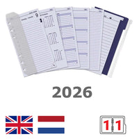 Daily Agenda Inserts 2026 NL EN with 1 day per page layout, tab dividers, calendar overview, and zipper pouch