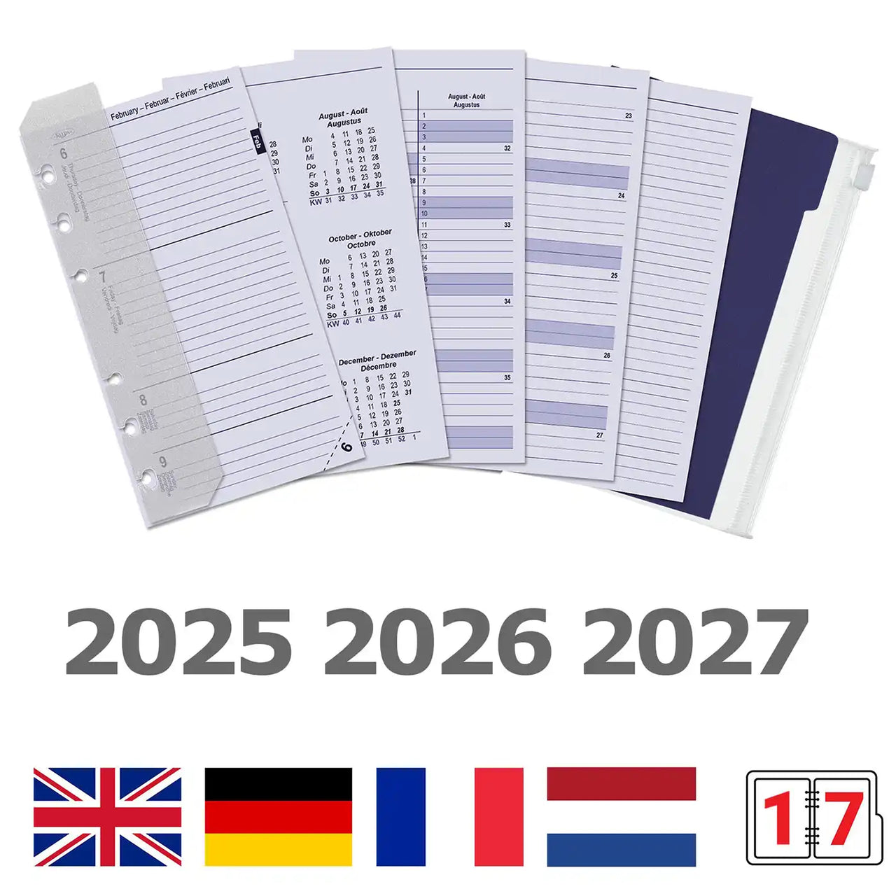 Kalpa Personal 6 Ring Agenda Organizer Refills Weekly EN DE FR NL 2025 2026 2027 with zipper pouch and tab dividers