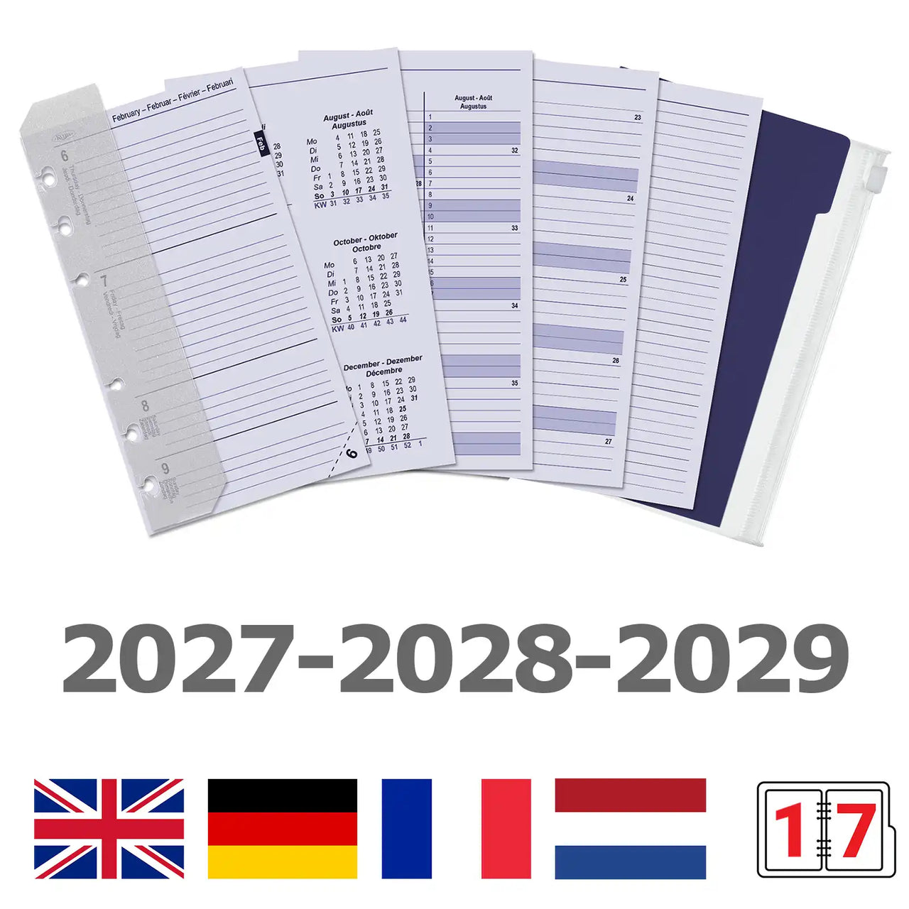6316-27-28-29 170 x 95 mm Personal Bindmiddelenagenda Vulling met extra's 1 Week per 2 Paginas EN DE FR NL 2027 2028 2029