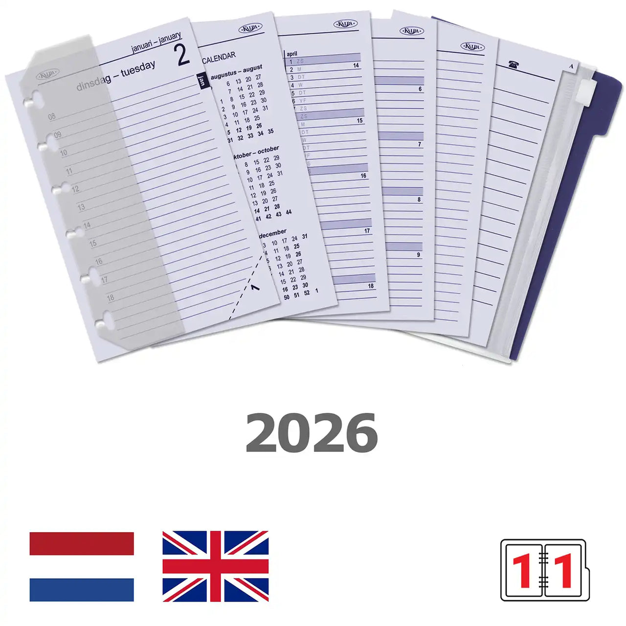 6331-26 125 x 80 mm de bolsillo 6 anillo Agenda Organizador Insertos diarios Conjuntos completos NL EN 2026