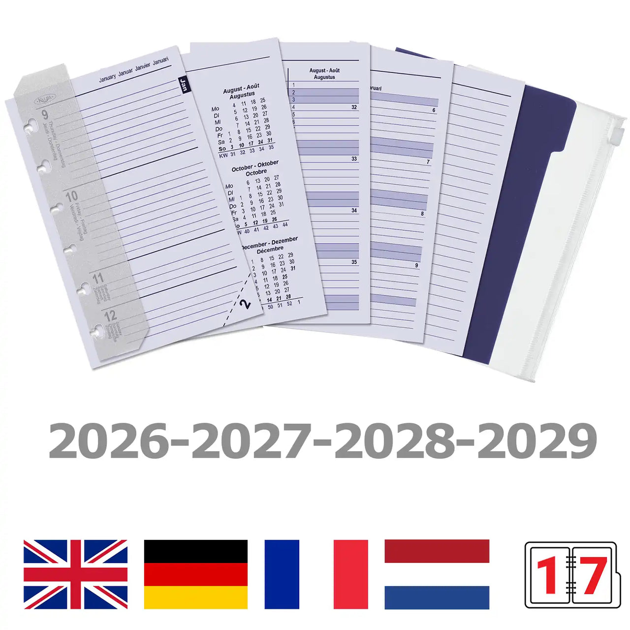 6336-26-27-28-29 125 x 80 mm Pocket 6 Ring -Agenda -Einsätze vollständiger Satz EN FR DE NL 2026 2027 2028 2029