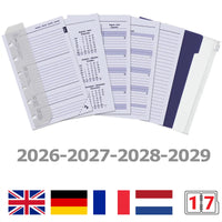6336-26-27-28-29 125 x 80 mm Pocket 6 Ring -Agenda -Einsätze vollständiger Satz EN FR DE NL 2026 2027 2028 2029