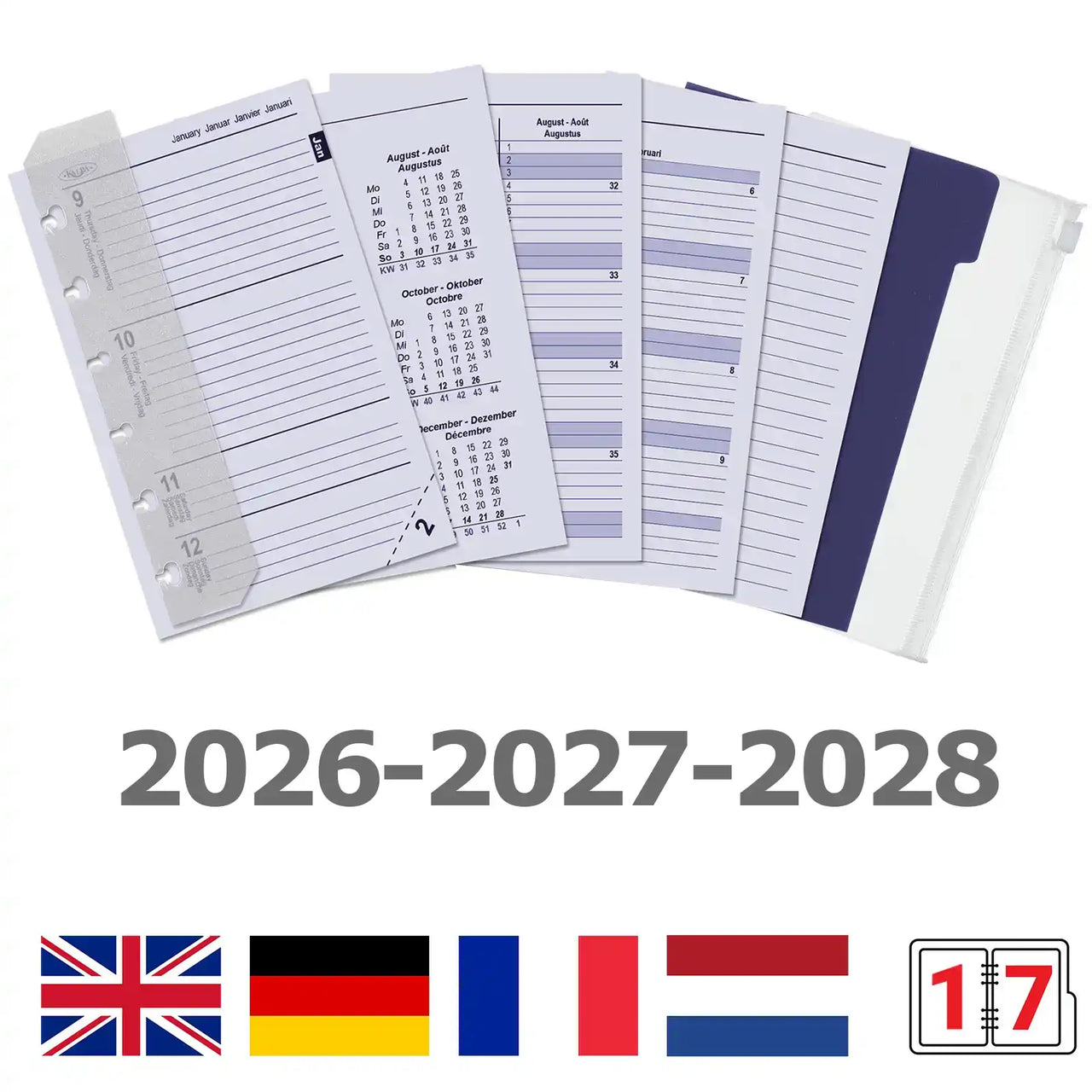 6336-26-27-28 125 x 80 mm Pocket 6 Ring -Agenda -Einsätze vollständiger Satz EN DE FR NL IT 2026 2027 2028