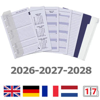 6336-26-27-28 125 x 80 mm Pocket 6 Ring -Agenda -Einsätze vollständiger Satz EN DE FR NL IT 2026 2027 2028