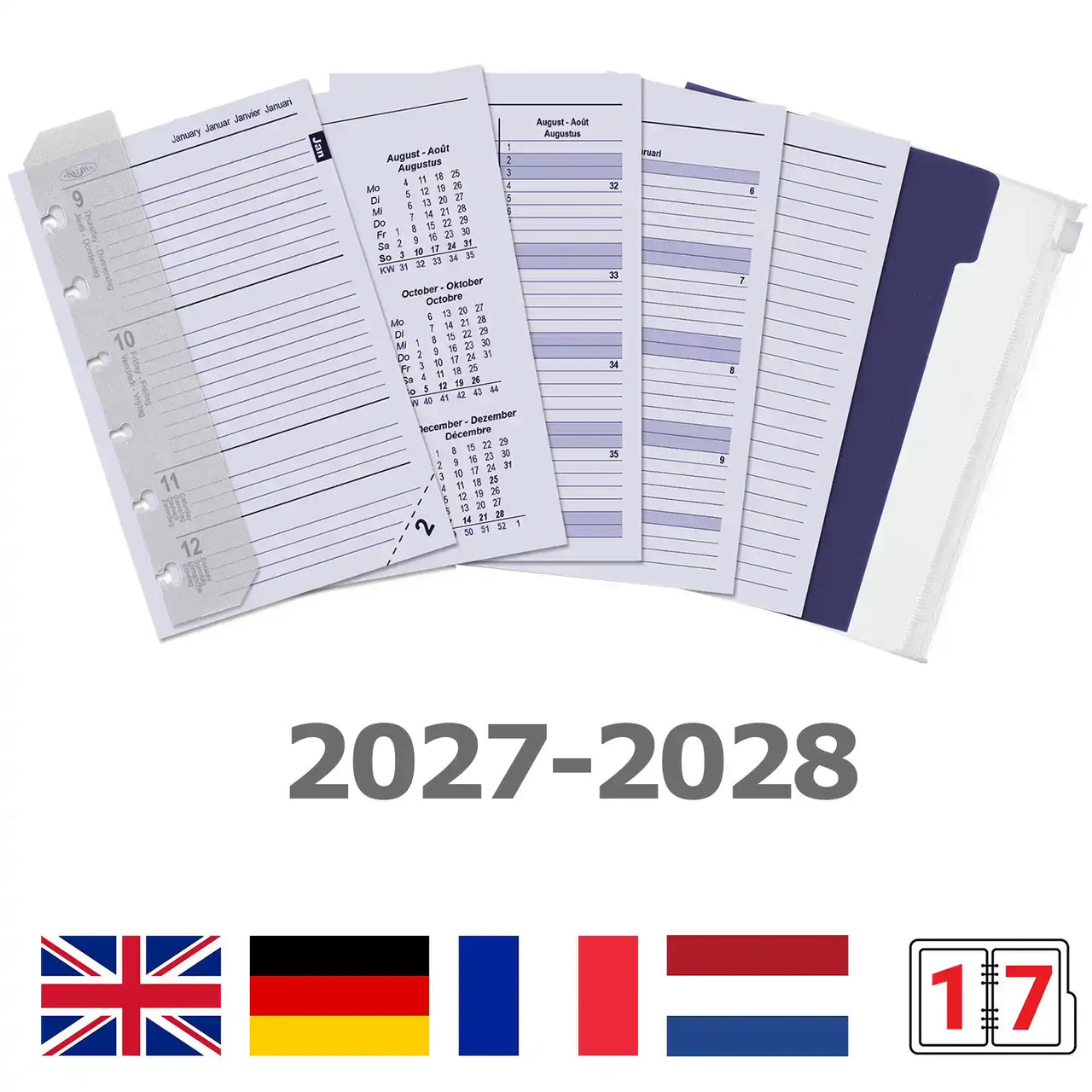 6336-27-28 125 x 80 mm Pocket 6 Ring -Agenda -Einsätze vollständiger Satz EN DE FR NL IT 2027 2028
