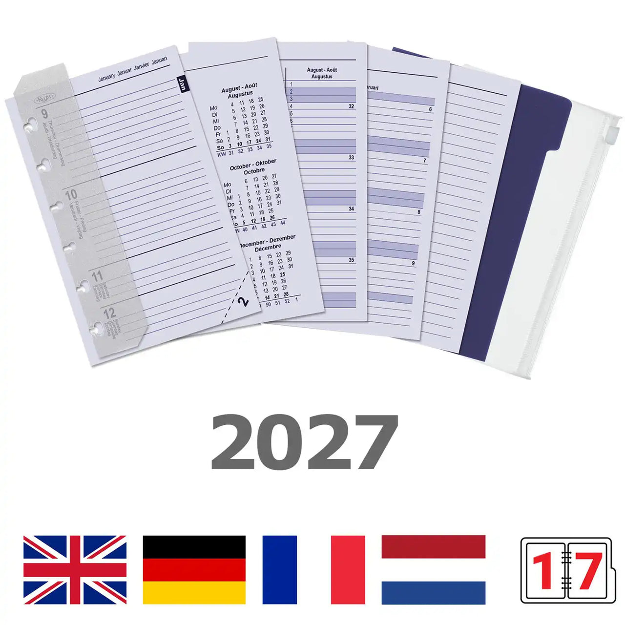 6336-27 125 x 80 mm Pocket 6 Ring Agenda Inserts Complete Set EN DE FR NL IT 2027