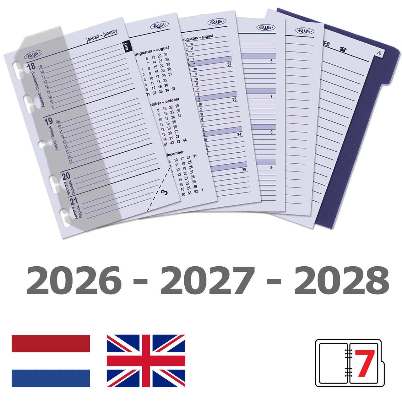 Set of planner pages with 2026-2028 dates, UK flag, and brand logo.