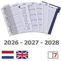 Set of planner pages with 2026-2028 dates, UK flag, and brand logo.